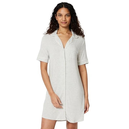 Amazon Essentials Women's Modal-Blend Nightgown, Short Sleeve Button-Down - color: Light Grey Heather, size: Medium