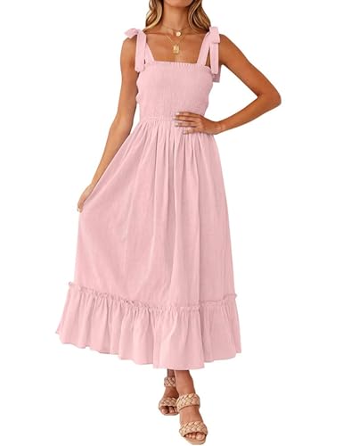 Tobrief Women's Boho Dress Summer Spaghetti Strap Square Neck Flowy Ruffle Beach Long Maxi Dress - color: 03 Pink, size: Small