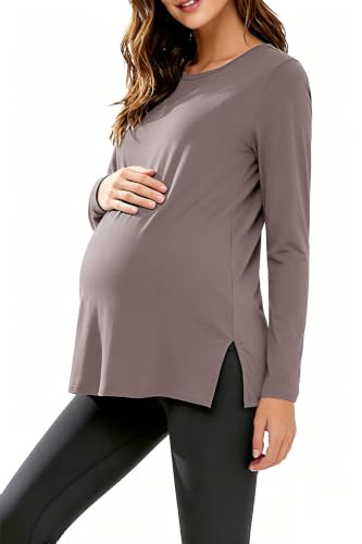 Women's Maternity Shirts Short Sleeve Split Hem Pregnancy Tops Clothes - color: Brown, size: Small