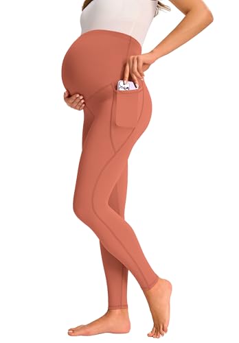 JOYSPELS Smooth Feeling Maternity Workout Leggings with Pockets Pregnancy Pants Over The Belly - color: Peach Blossom, size: Large