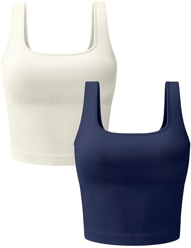 OLCHEE Womens 2 Pack Crop Tank Tops Square Neck Workout Top Padded - color: Beige + Navy, size: Medium