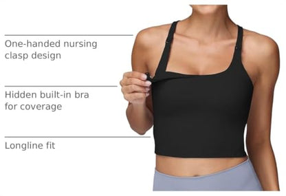 Foucome Nursing Tank Tops Racerback Longline Nursing Sports Bra - color: Black, size: X-Large