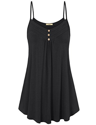 Viracy Women's Summer Button V Neck Pleated Spaghetti Strap Camisole Tank Tops (M-3XL) - color: 01-black, size: Large