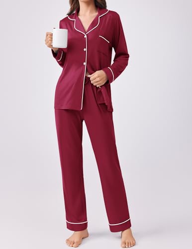 Ekouaer Womens Pajamas Set Button Down Long Sleeve Top & Pants Lounge Sets - color: Wine Red, size: X-Large