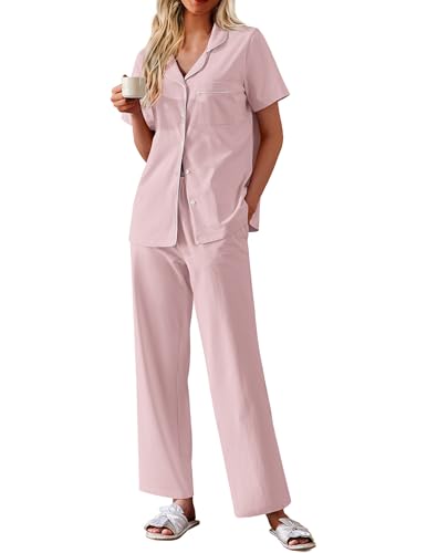 Ekouaer Women's Cotton Pajamas Set Short Sleeve Button Down Pjs with Pants - color: Pink, size: Large