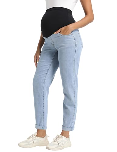 Foucome Maternity Boyfriend Jeans Over Belly Denim Pants - color: Light Blue, size: Small