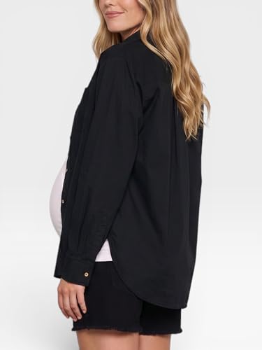 Motherhood Maternity Women's Button Down Poplin Long Sleeve Pregnancy Shirt - color: Black, size: Small