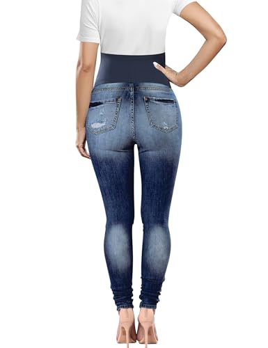 Maternity Jeans Over The Belly Slim Stretch Maternity Work Pants and Pocket - color: Dark Blue, size: Large