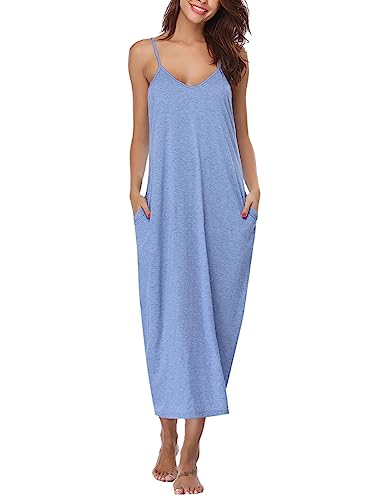 Marvmys Women's Cotton Long Nightgowns Sleeveless Sleep Dress with Pockets - color: Blue, size: Small