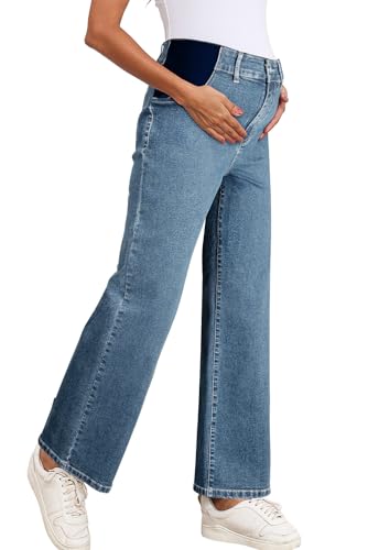 BLENCOT Maternity Jeans for Women Wide Leg Pregnancy Pants - color: Sky Blue, size: Medium
