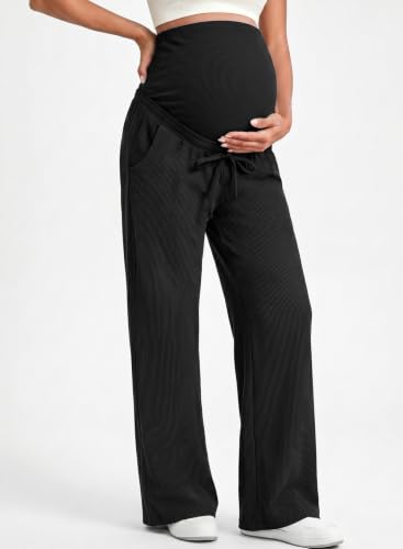 BLENCOT Maternity Pants Over Belly Wide Leg Pregnancy Casual Sweatpants - color: Black, size: Medium
