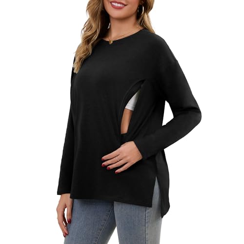 Women's Nursing Shirts Long Sleeve with Hidden Zipper Oversized Breastfeeding Tops Side Split Maternity Blouse - color: Black, size: Medium