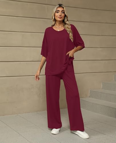 KevaMolly 2 Piece Lounge Set for Women Comfy Pajamas Set - color: Wine, size: Medium