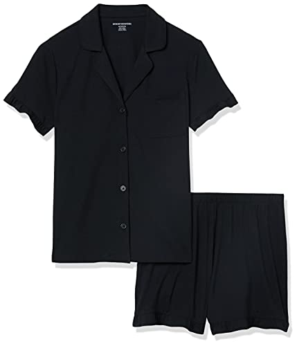 Amazon Essentials Women's Cotton Modal Piped Notch Collar Ruffle Pajama Short Set (Available in Plus Size) - color: Black, size: Medium