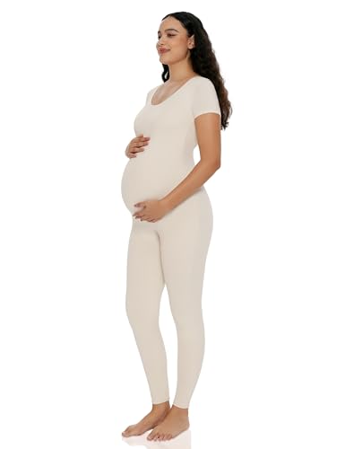 POSHDIVAH Maternity Jumpsuit Romper Leggings Short Sleeve - color: Beige, size: Large