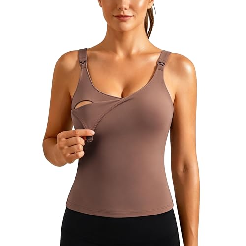 Ecavus Nursing Tank Tops with Built in Bra, Nursing Sport Bra - color: Brown, size: Medium