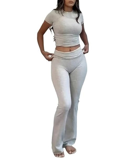 COPYLEAF Two Piece Lounge Sets for Women Fold Over Leggings Y2k Outfits - color: Light Grey, size: Medium