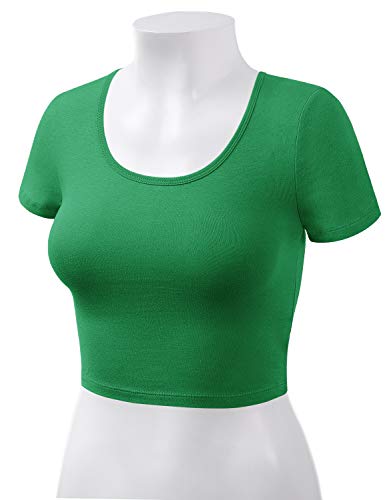 Women Cotton Scoop Neck Crop Tops Short Sleeve Basic Casual Shirts - color: 939-kelly Green, size: Medium