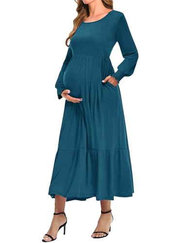 CzzzyL Women Nursing Dresses Crew Neck Fall Maternity Tiered with Pockets - color: Blue, size: Medium