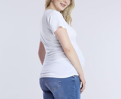 Motherhood Maternity Women's Short Sleeve Side Ruched V-Neck Pregnancy Tee Shirt - color: White, size: Small