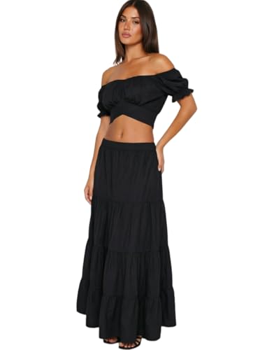 Womens 2 Piece Outfit Boho Summer Vacation Top Maxi Skirt Set - color: Black, size: Small