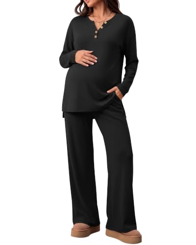 2 Piece Thermal Maternity Lounge Set - color: Black, size: X-Large