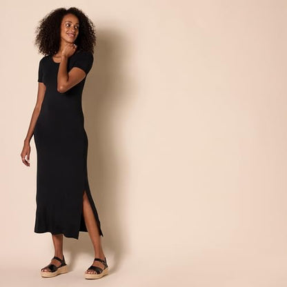 Amazon Essentials Women's Jersey Standard-Fit Short-Sleeve Crewneck Side Slit Maxi Dress - color: Black, size: X-Large