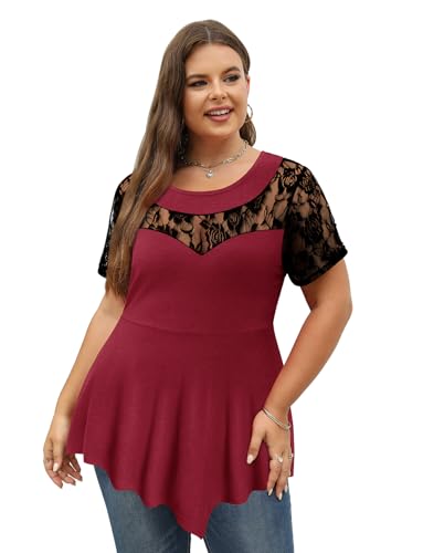 Magritta Women's Short Sleeve Crew Neck Plus Size Tunic Tops - color: Deepred, size: 5X