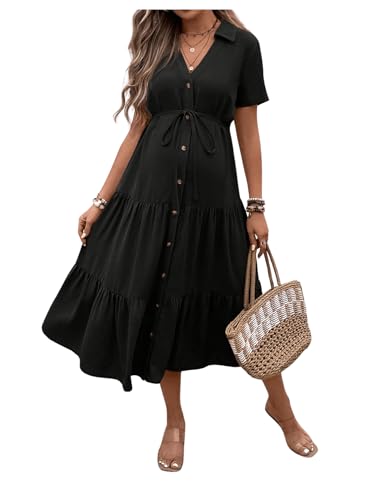 OYOANGLE Women's Maternity Button Belted Dress - color: Black, size: Small