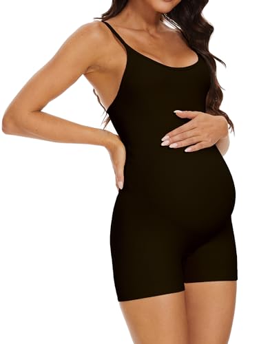 BDITANLE Maternity Workout Romper Pregnancy Yoga Ribbed One Piece Seamless Spaghetti Strap Jumpsuit - color: 01black, size: Medium