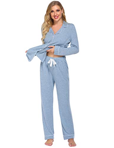 Ekouaer Women's Pajamas Long Sleeve Loungewear Casual Button Down Pjs - color: Blue, size: Medium