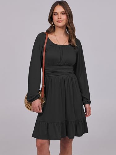 ANRABESS Women Long Lantern Sleeve Square Neck Fall Short Dress - color: Black, size: Medium