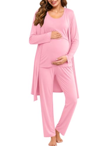SWOMOG Maternity Nursing Robe Set 3 PCS Women Postpartum Pajamas Breastfeeding Labor Delivery Hospital Pregnancy Pjs - color: Bright Pink, size: XX-Large