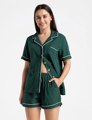 Womens Muslin Pajama Sets 100% Cotton Double Gauze Linen Like Short Pjs - color: Dark Green, size: Large