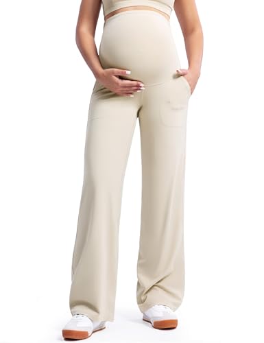 POSHDIVAH Creamluxe Maternity Wide Leg Pants Pregnancy Work Trousers - color: Light Apricot, size: Medium
