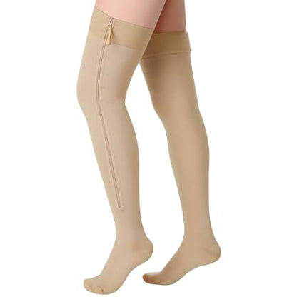 Sosation Thigh High Zipper Compression Socks Women - color: Beige, size: XX-Large