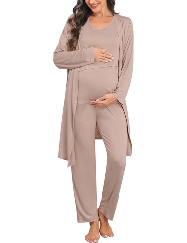 SWOMOG Maternity Nursing Robe Set 3 PCS Postpartum Breastfeeding Pajamas Lounge Hospital Pregnancy Pjs with Robe - color: Light Brown, size: Medium