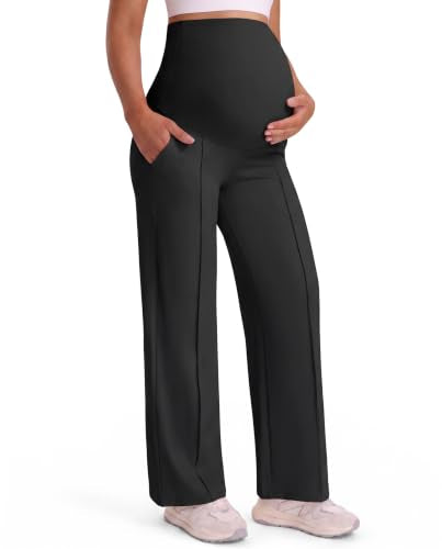 Mama Land Maternity Work Dress Pants, Stretchy Wide Leg with Pockets - color: Black, size: Medium Petite
