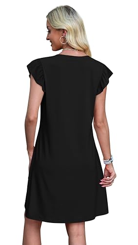 OFEEFAN Spring Summer Dresses for Women 2026 Casual Ruffle Sleeve V Neck Loose Swing Sundresses with Pockets Plain/Print - color: Plain Black, size: Medium