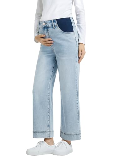 BLENCOT Women's Maternity Jeans High Waisted Wide Leg Pregnancy Pants - color: Light Blue, size: Medium