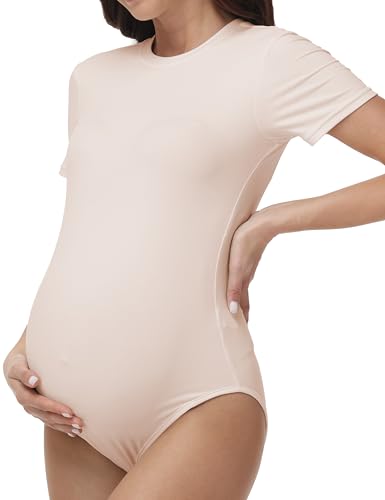 Women's Maternity Bodysuit Short Sleeve T Shirt - color: Apricot, size: X-Large