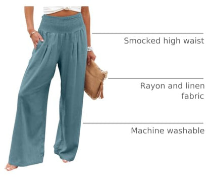ANRABESS Women Linen Palazzo Wide Leg Pants with Pockets - color: Lake, size: Small