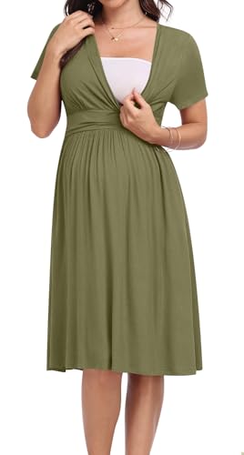 Maternity Dress Summer Wrap Baby Shower Pregnancy Nursing - color: Olive Green, size: 3X-Large