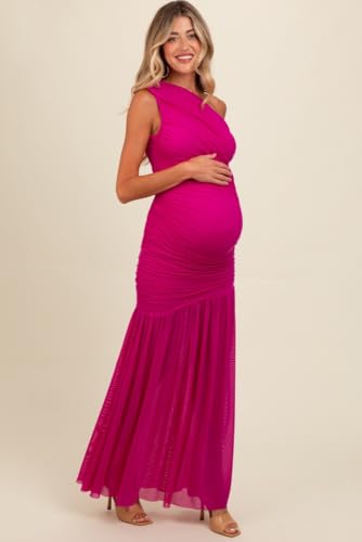 PinkBlush Ruched Mesh One Shoulder Maternity Maxi Dress - color: Magenta, size: Small