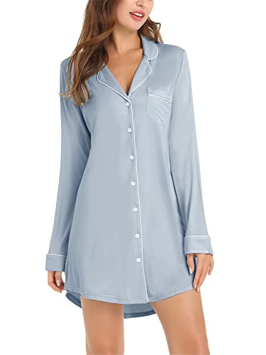 Cherrydew Women's Bamboo Viscose Cooling Long Sleeve Button Front Nightgown - color: Dusty Blue, size: Large