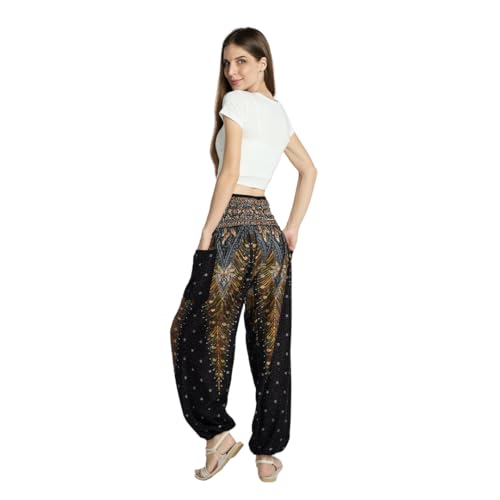 Tranquil Threads High-Waisted Boho Harem Yoga Pants for Women - color: Golden Black, size: X-Small