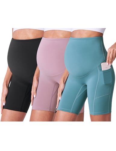 POSHDIVAH 3/4 Pack Maternity Biker Shorts Over The Belly with Pockets 5"/8" - color: Black/Blue/Pink 8", size: XX-Large