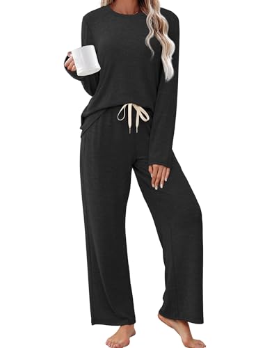 SAMPEEL Pajamas for Women Set Comfy Lounge Sets Two Piece Long Sleeve Cute Pjs Soft Sleepwear Winter Clothing - color: Black, size: XX-Large