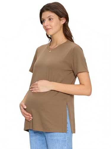 Women's Maternity Shirts, Crew Neck Maternity Top Short Sleeve - color: Coffee, size: Medium