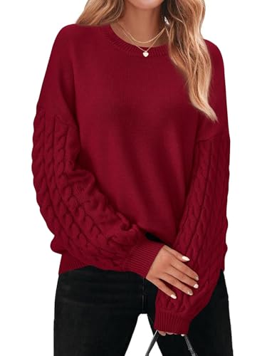 PRETTYGARDEN Womens Fall Sweaters 2025 Cable Knit Long Sleeve Crewneck Casual Chunky Pullover Oversized Sweater Outfits - color: Burgundy, size: Small